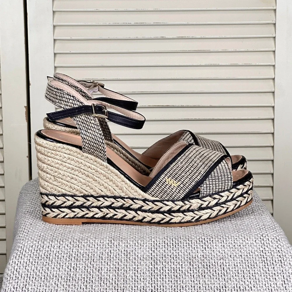 Viscata Barcelona Black Cream Woven Espadrille Platform Wedge Spain 7 US | 38 EU
